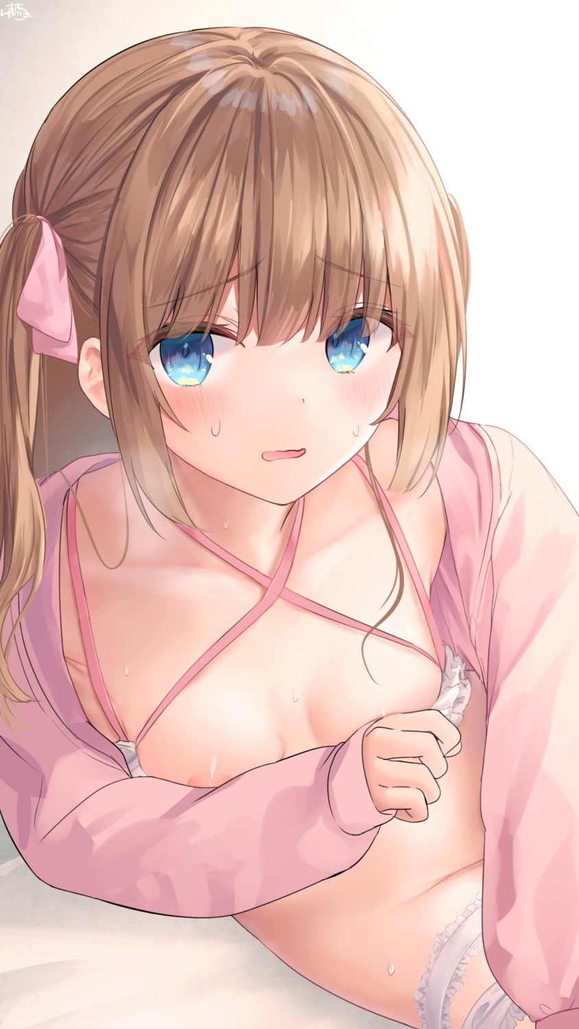 areola bra breast_hold garter hime-chan_(ramchi) open_shirt pantsu panty_pull ramchi