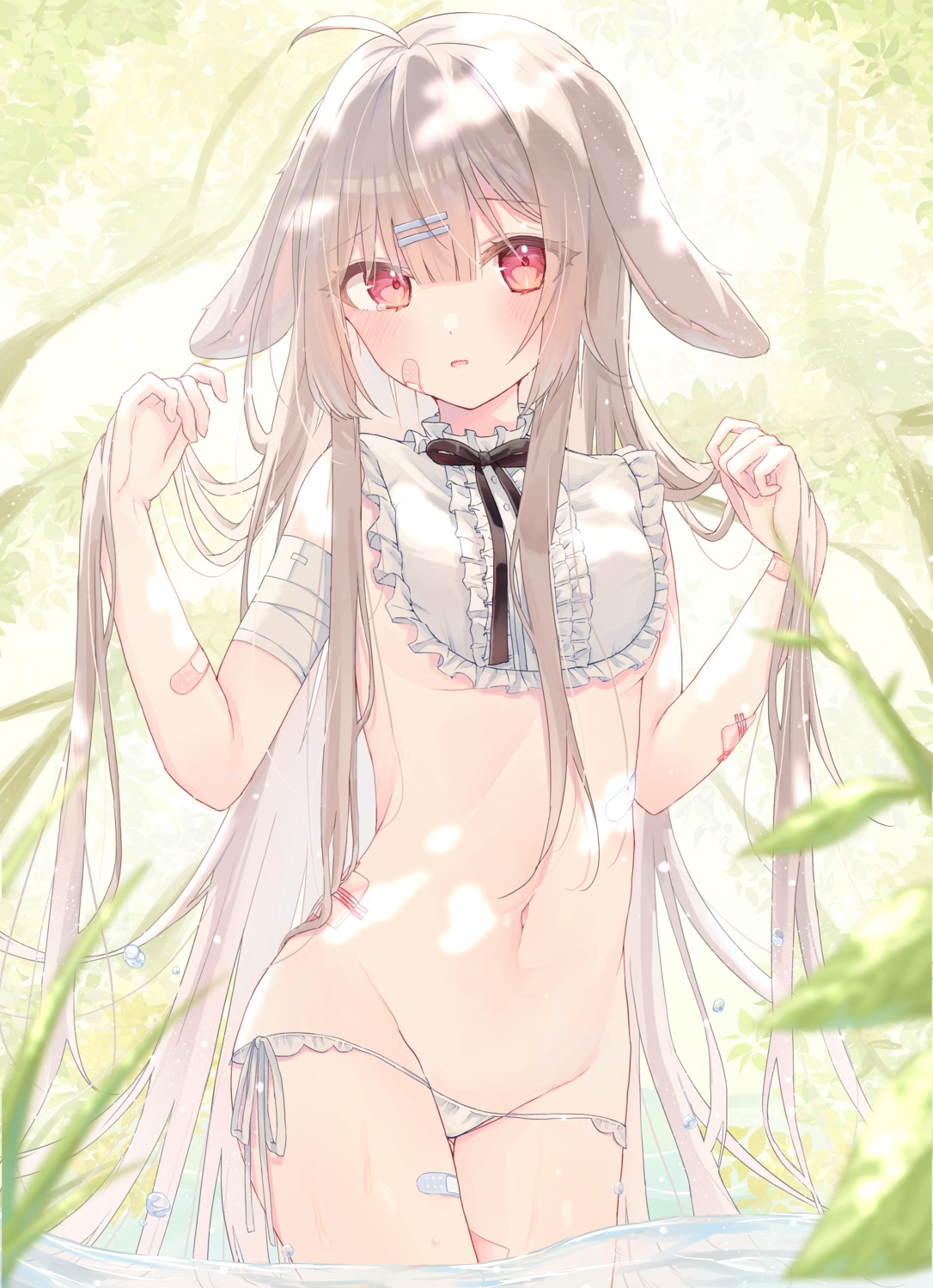 animal_ears bandages bandaid bunny_ears no_bra pantsu panty_pull riri_(ri0177) string_panties wet