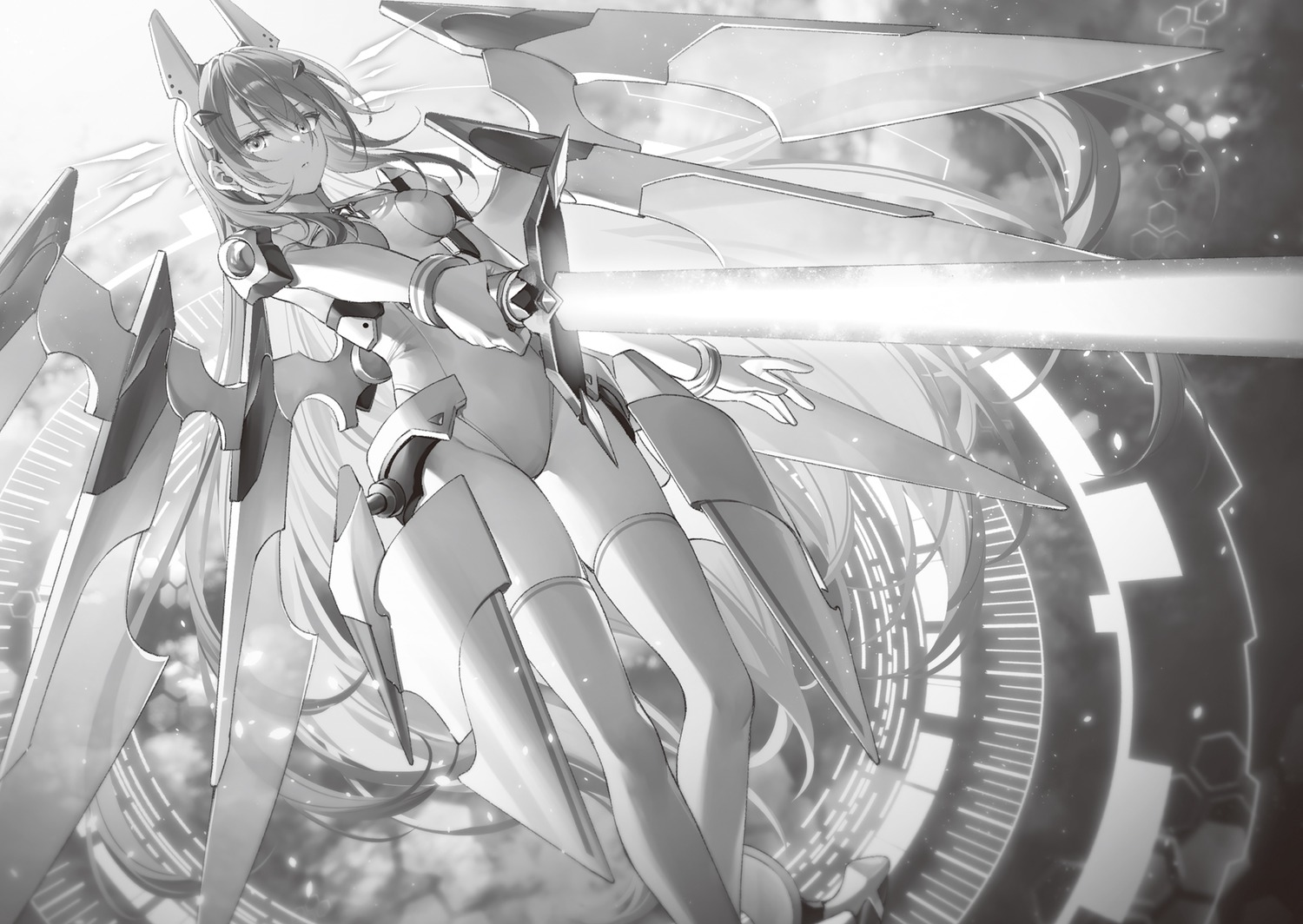 horns leotard mecha_musume monochrome schwertileite_terminate seiken_gakuin_no_maken_tsukai sword thighhighs toosaka_asagi wings