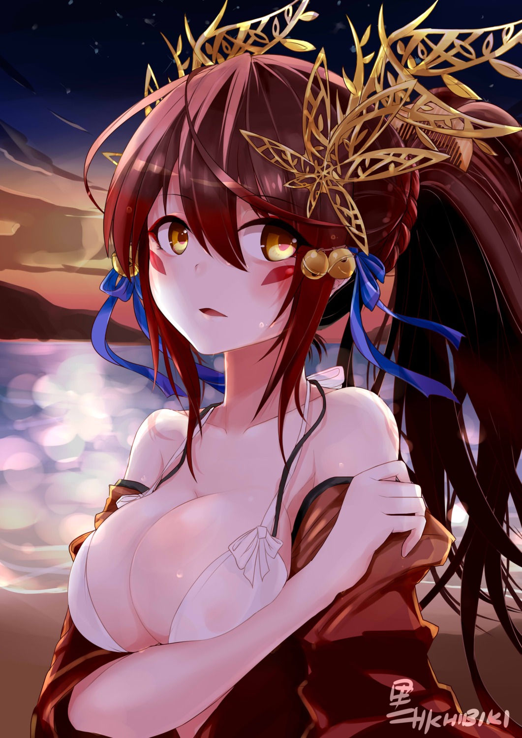 bikini_top cleavage khibiki_(brequiem) kurokawa_hibiki open_shirt puzzle_&_dragons swimsuits tsubaki_(puzzle_&_dragons)