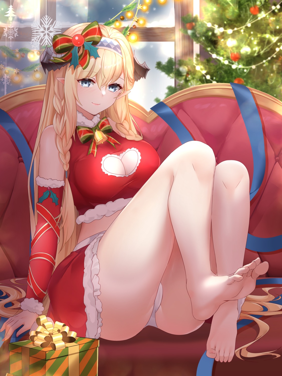 arknights cameltoe christmas feet lingshalan pantsu pointy_ears saileach_(arknights) skirt_lift