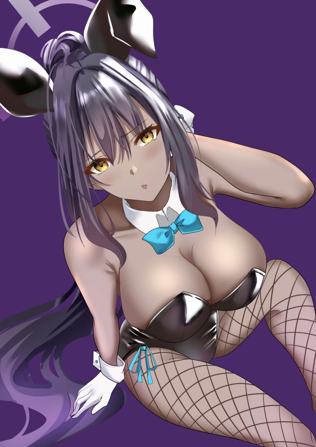 animal_ears blue_archive bunny_ears bunny_girl fishnets halo kakudate_karin no_bra pantyhose yoru77957792