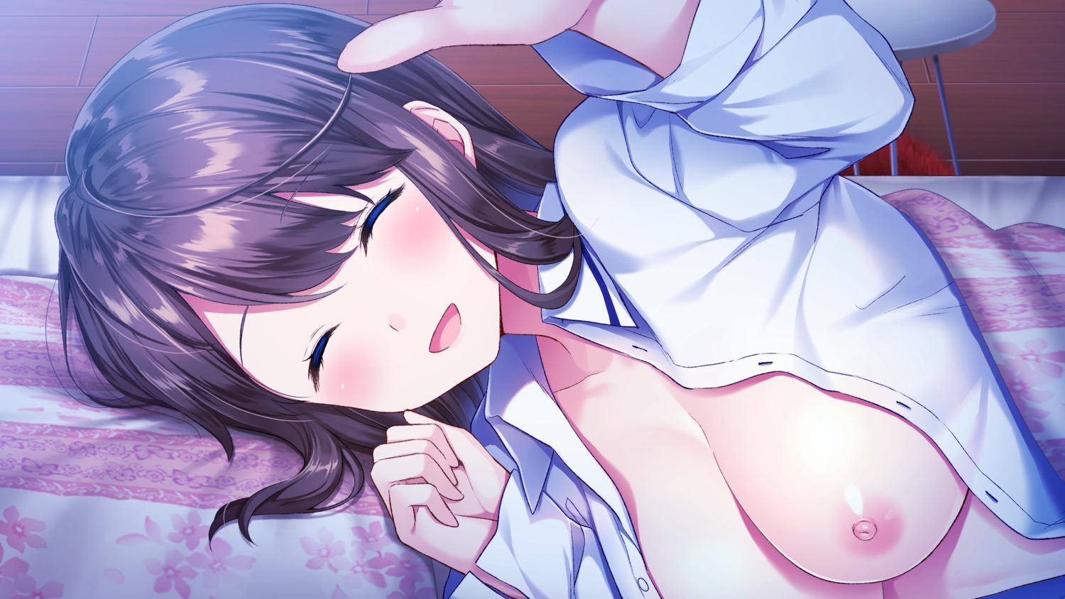 ama_mane breasts game_cg masuishi_kinoto nipples no_bra open_shirt prekano seifuku sheets suzumori_satsuki