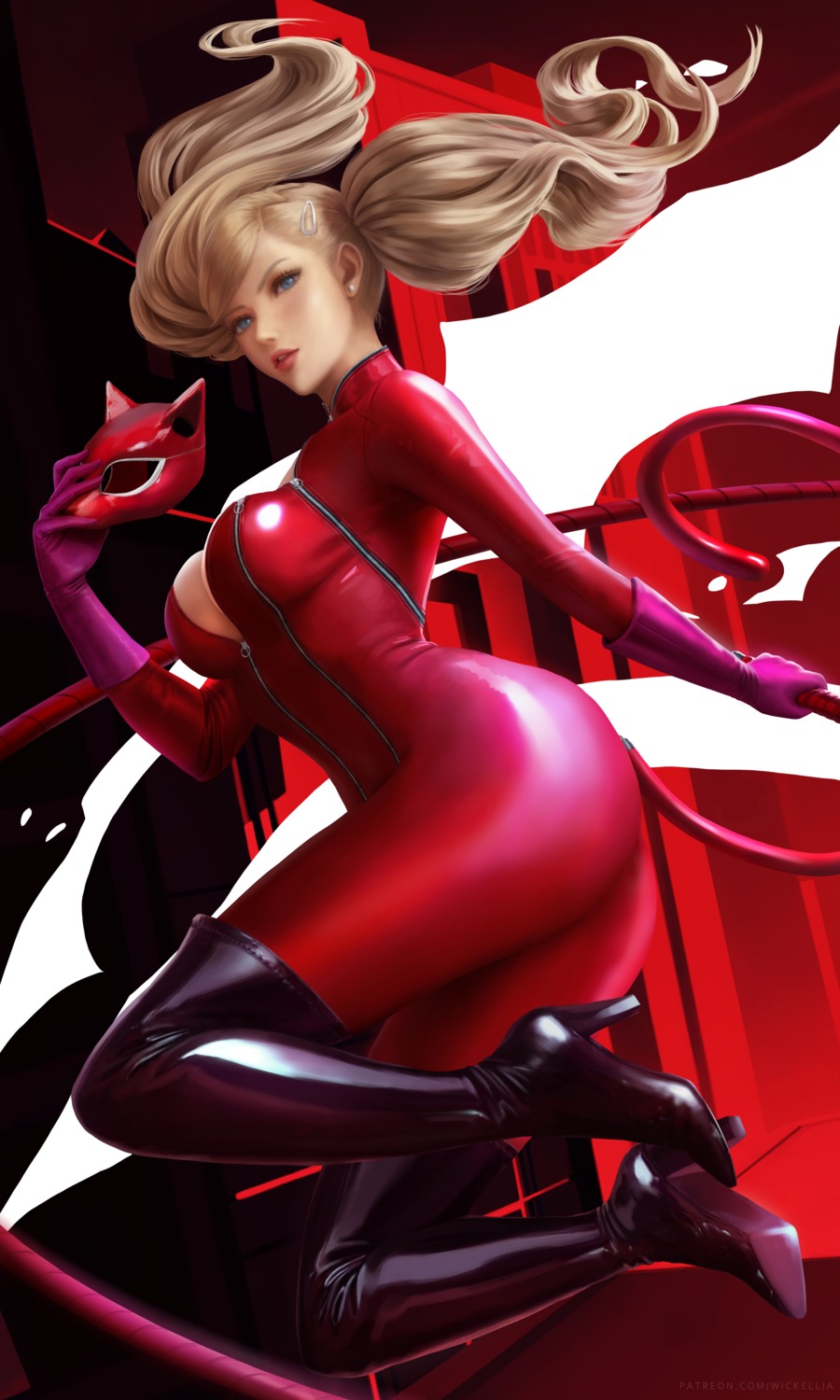 ass bodysuit cleavage heels no_bra open_shirt persona_5 takamaki_anne thighhighs weapon wickellia