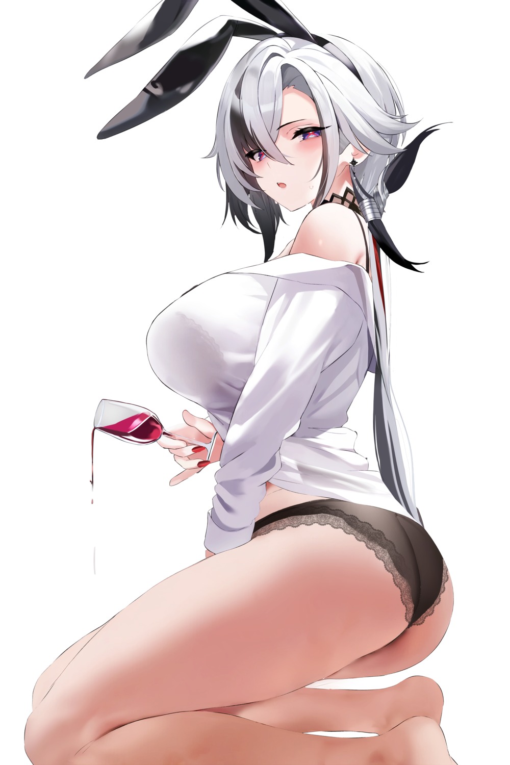 animal_ears arlecchino ass bra bunny_ears dress_shirt fantongjun genshin_impact pantsu see_through thong