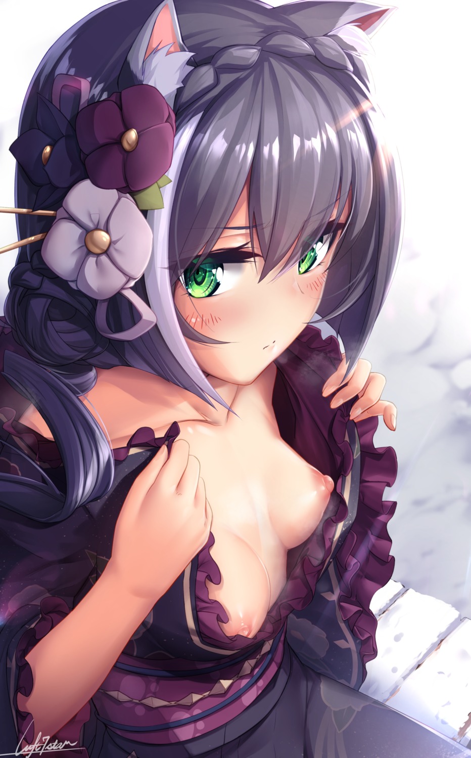 animal_ears breasts karyl_(princess_connect) kimono milia_simohayha nekomimi nipples no_bra open_shirt princess_connect princess_connect!_re:dive undressing