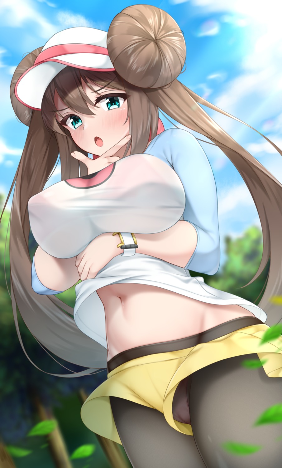 breast_hold cameltoe erect_nipples lomocya mei_(pokemon) no_bra pantsu pantyhose pokemon pokemon_b2w2 shirt_lift