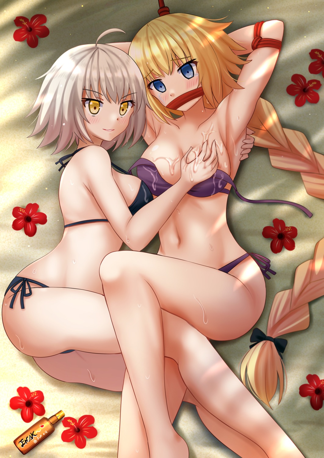 bikini bondage breast_grab cream fate/grand_order jeanne_d'arc jeanne_d'arc_(alter)_(fate) jeanne_d'arc_(fate) kazenokaze swimsuits yuri