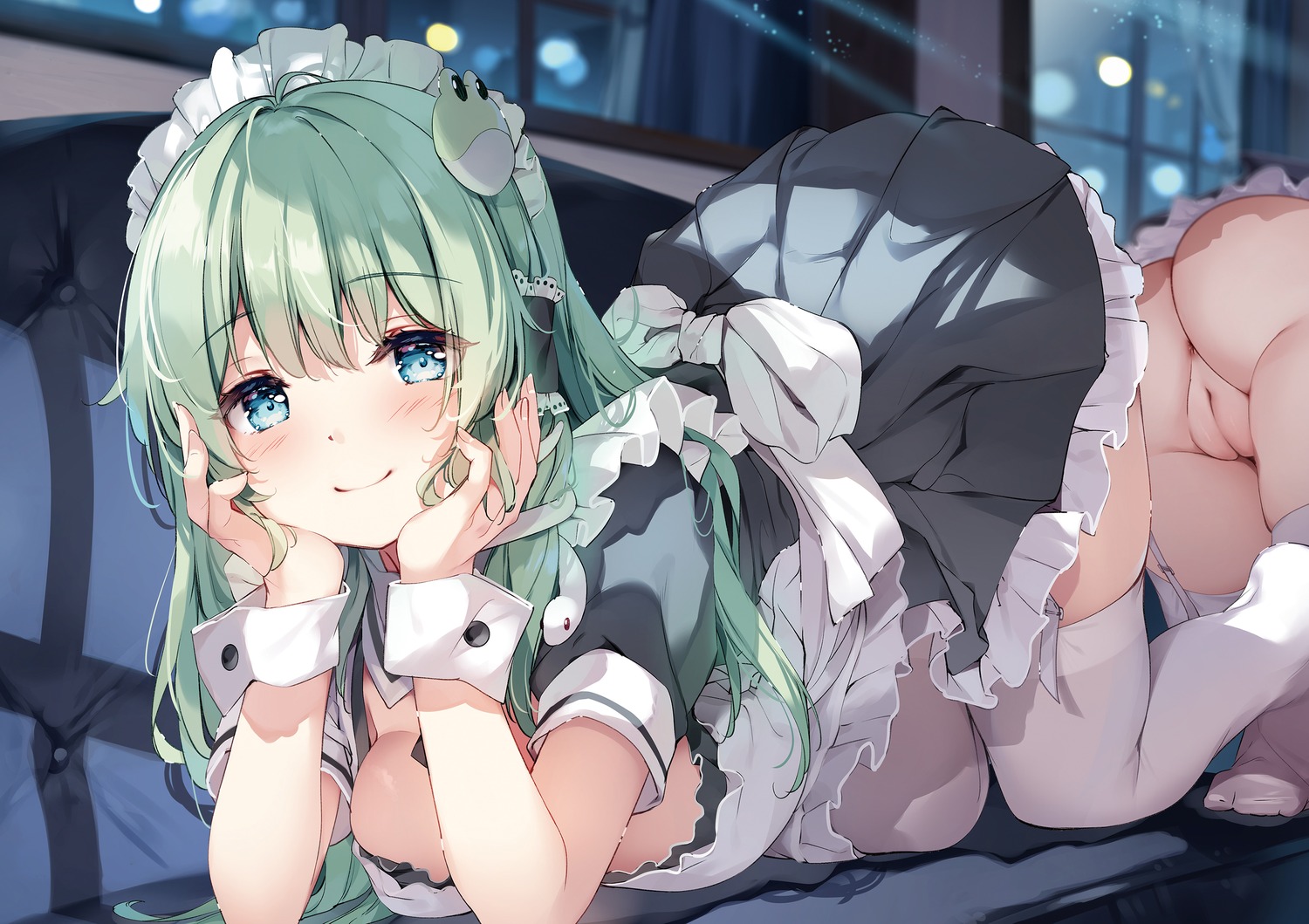 anus ass detexted kochiya_sanae maid miyase_mahiro no_bra nopan photoshop pussy skirt_lift thighhighs touhou uncensored