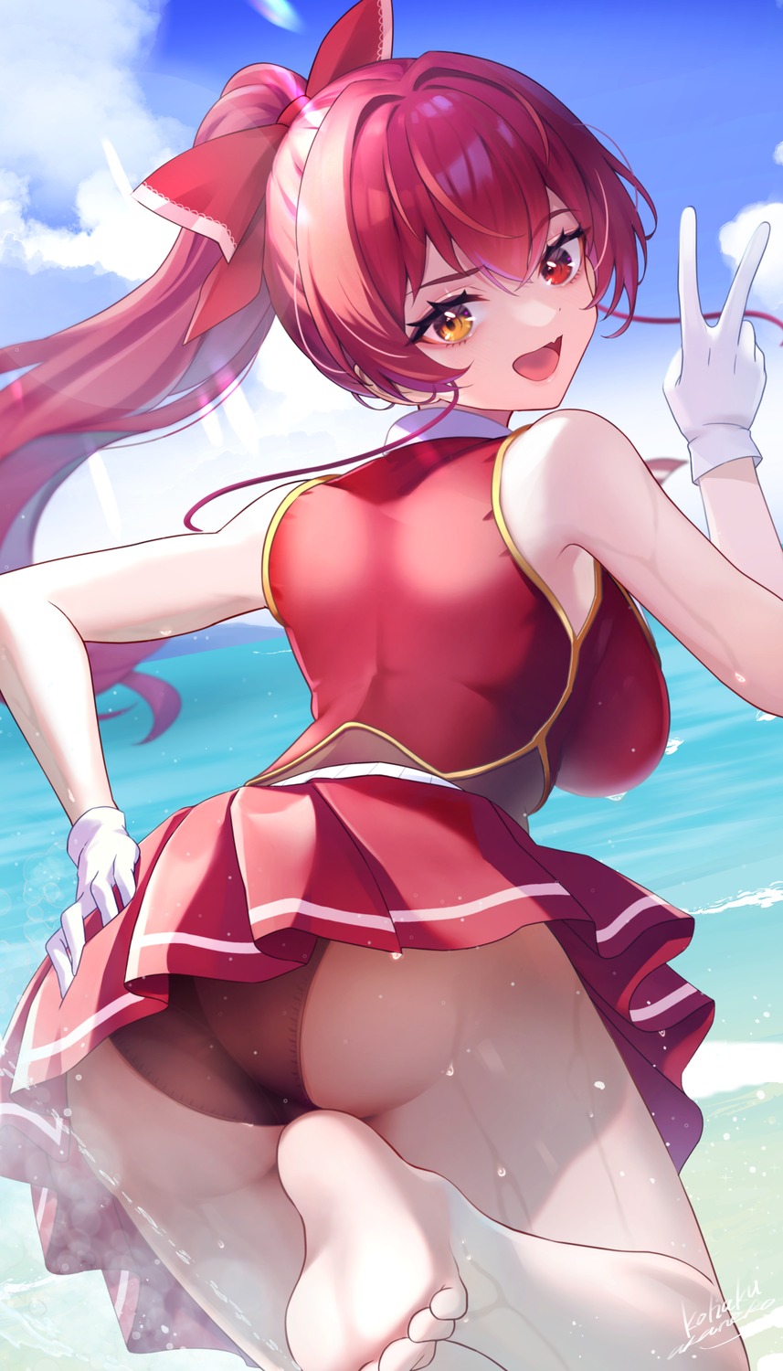 ass feet heterochromia hololive houshou_marine leotard nemu_iine skirt_lift wet