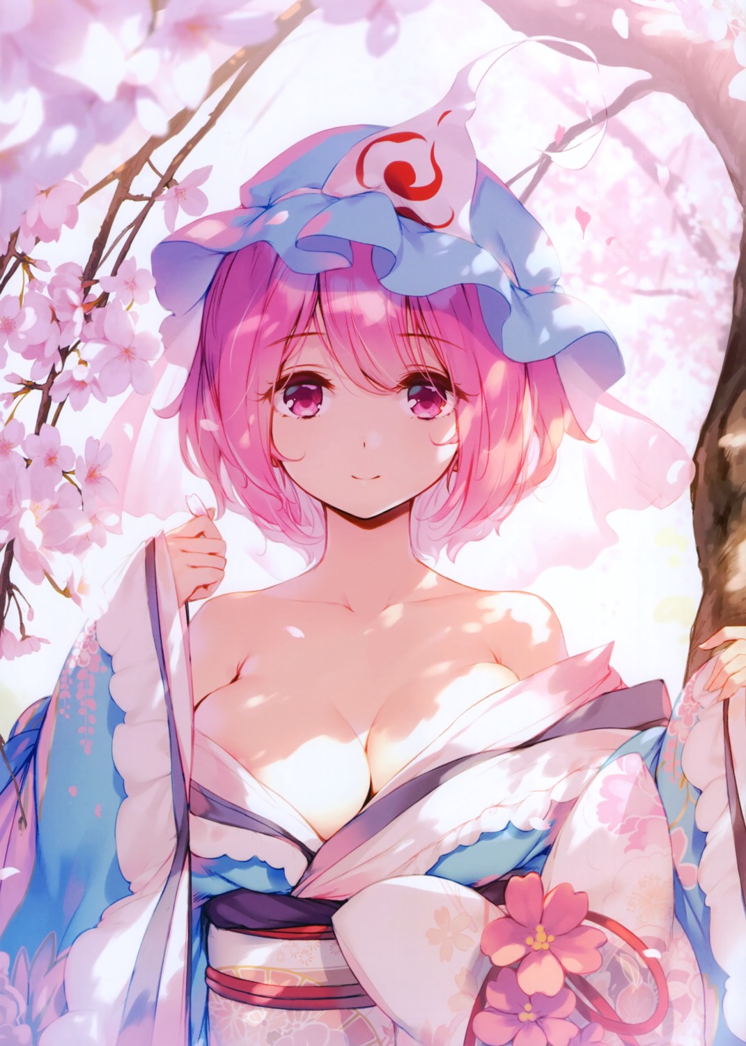 areola cleavage gekidoku_shoujo japanese_clothes ke-ta open_shirt saigyouji_yuyuko touhou