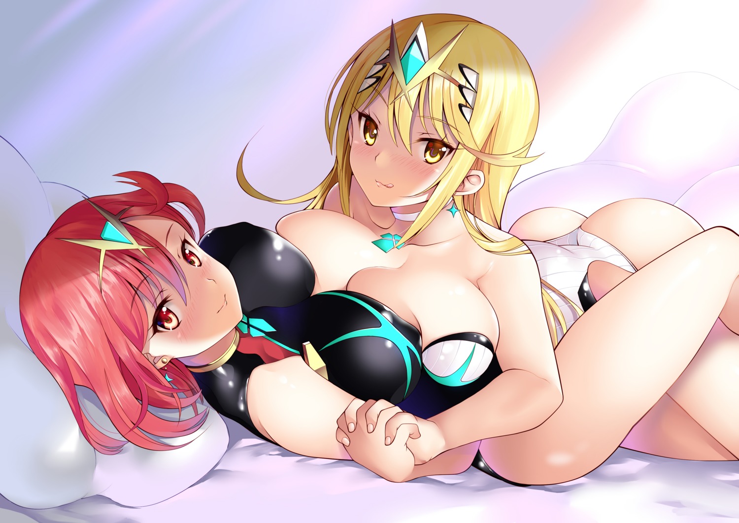 daive hikari_(xenoblade_2) homura_(xenoblade_2) swimsuits symmetrical_docking xenoblade xenoblade_chronicles_2