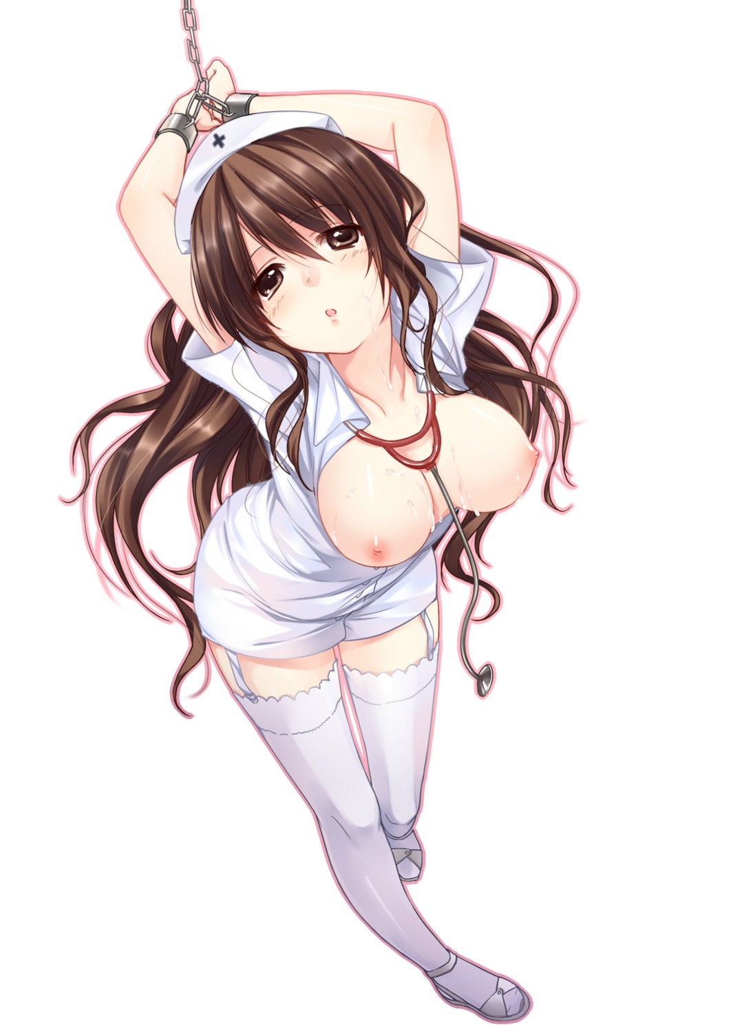 bondage breasts cum itou_nanami nipples no_bra nurse open_shirt stockings thighhighs