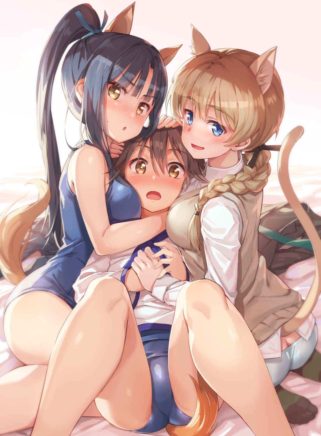 animal_ears ass hattori_shizuka lynette_bishop michairu. miyafuji_yoshika nekomimi pantsu school_swimsuit seifuku strike_witches sweater swimsuits tail yuri