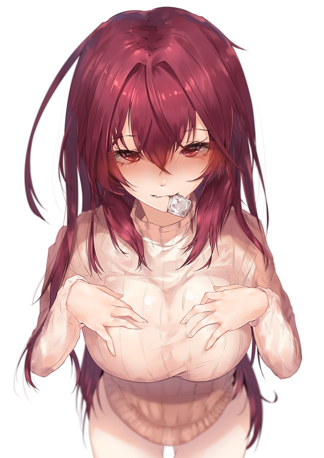 breast_hold fate/grand_order hplay scathach_(fate/grand_order) sweater