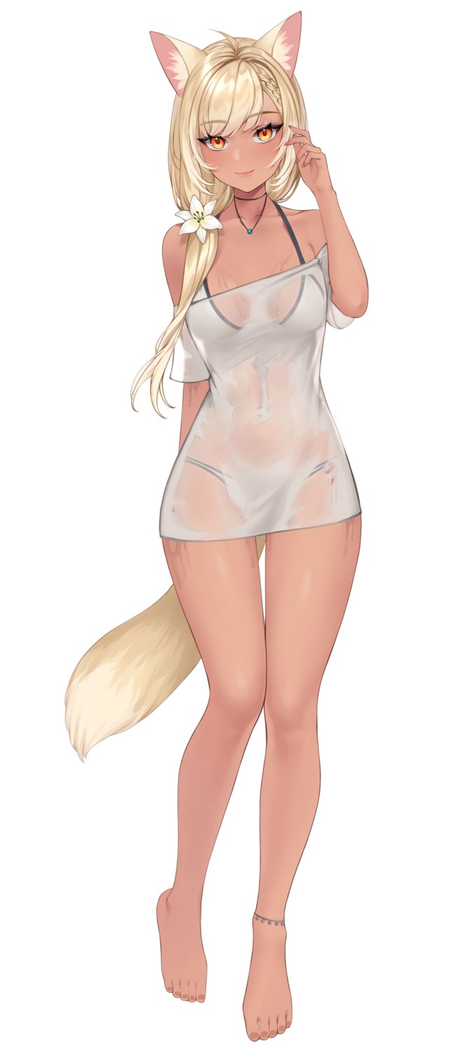 animal_ears bikini helloimtea see_through swimsuits tail wet wet_clothes