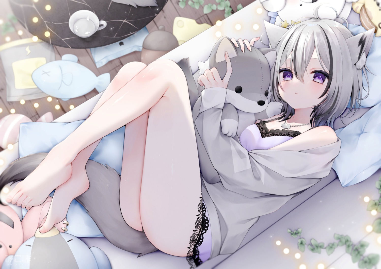 animal_ears detexted lingerie miko_suuuuu pajama skycolor_project tail tsukihi_kira