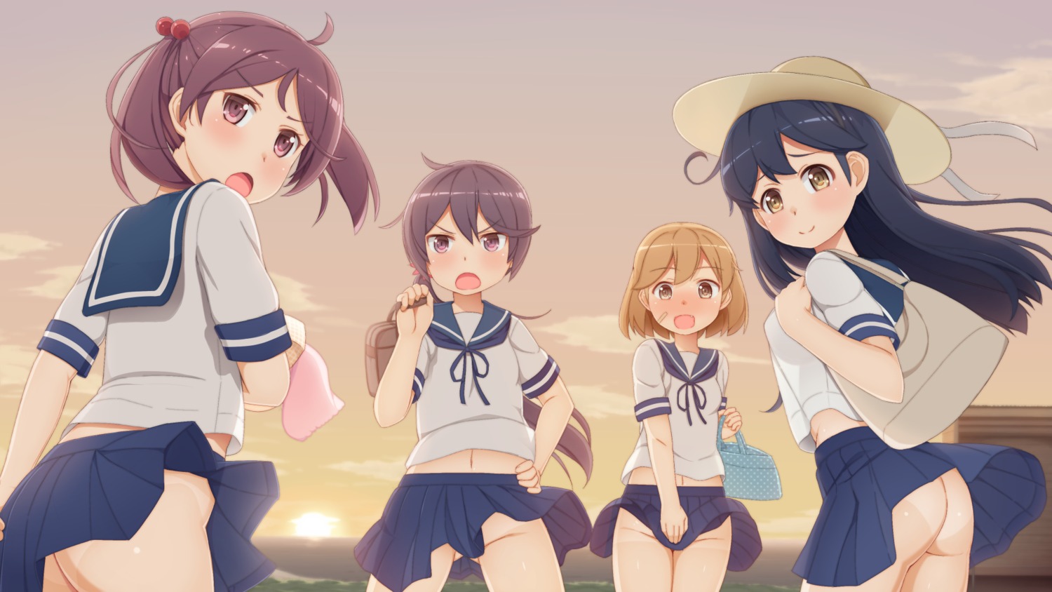 akebono_(kancolle) ass kantai_collection nopan oboro_(kancolle) sazanami_(kancolle) seifuku skirt_lift tachimi_(basue) ushio_(kancolle)