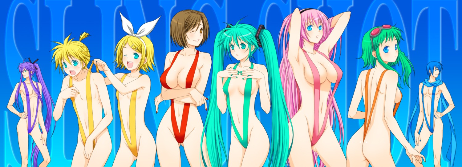 cleavage crossdress gumi hatsune_miku kagamine_len kagamine_rin kaito kamui_gakupo megurine_luka meiko sling_bikini swimsuits vocaloid yuuno_(yukioka)