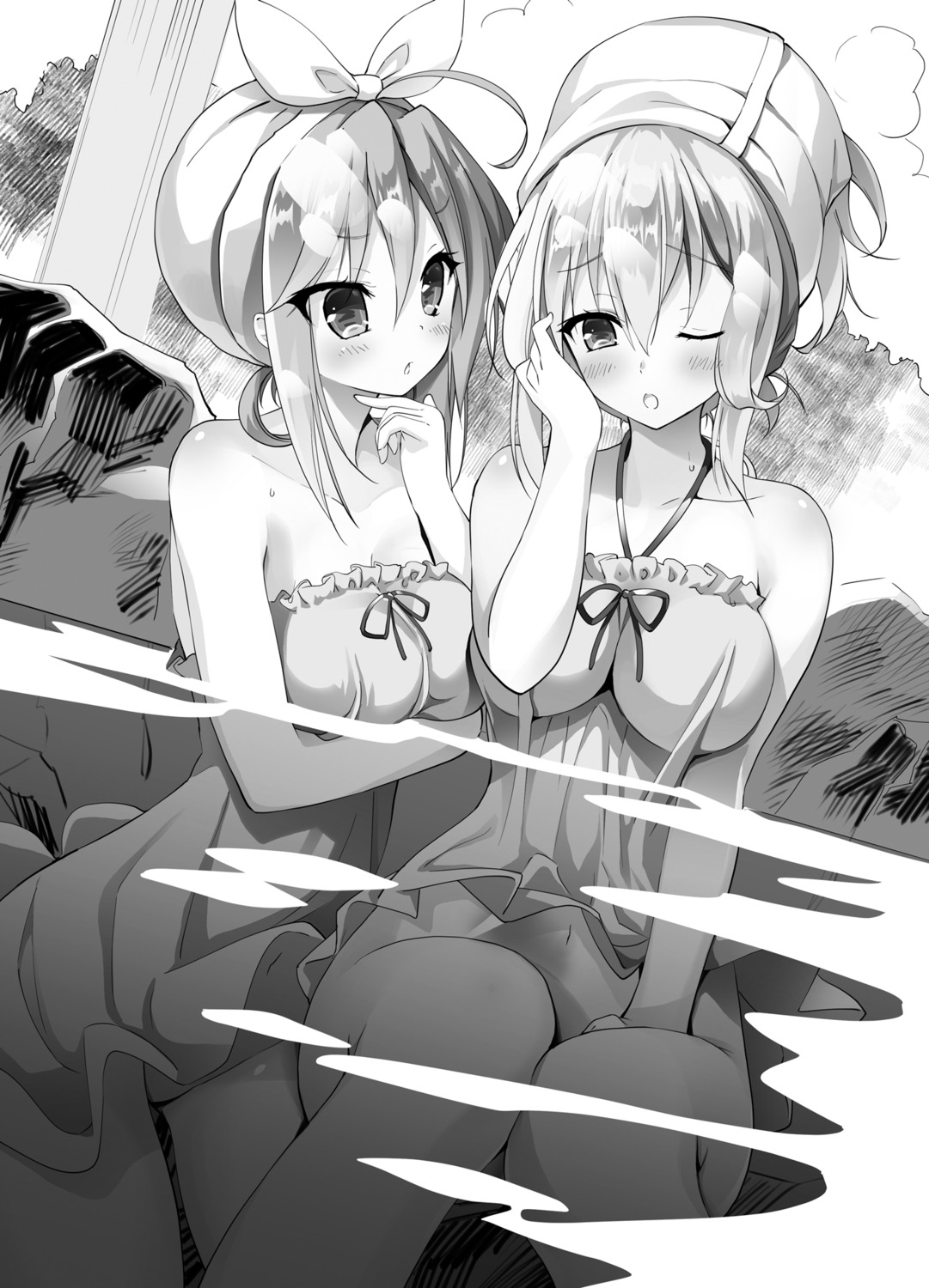 bathing breast_hold monochrome onsen wet youta zettai_ni_hatarakitakunai_dungeon_master_ga_damin_wo_musaboru_made