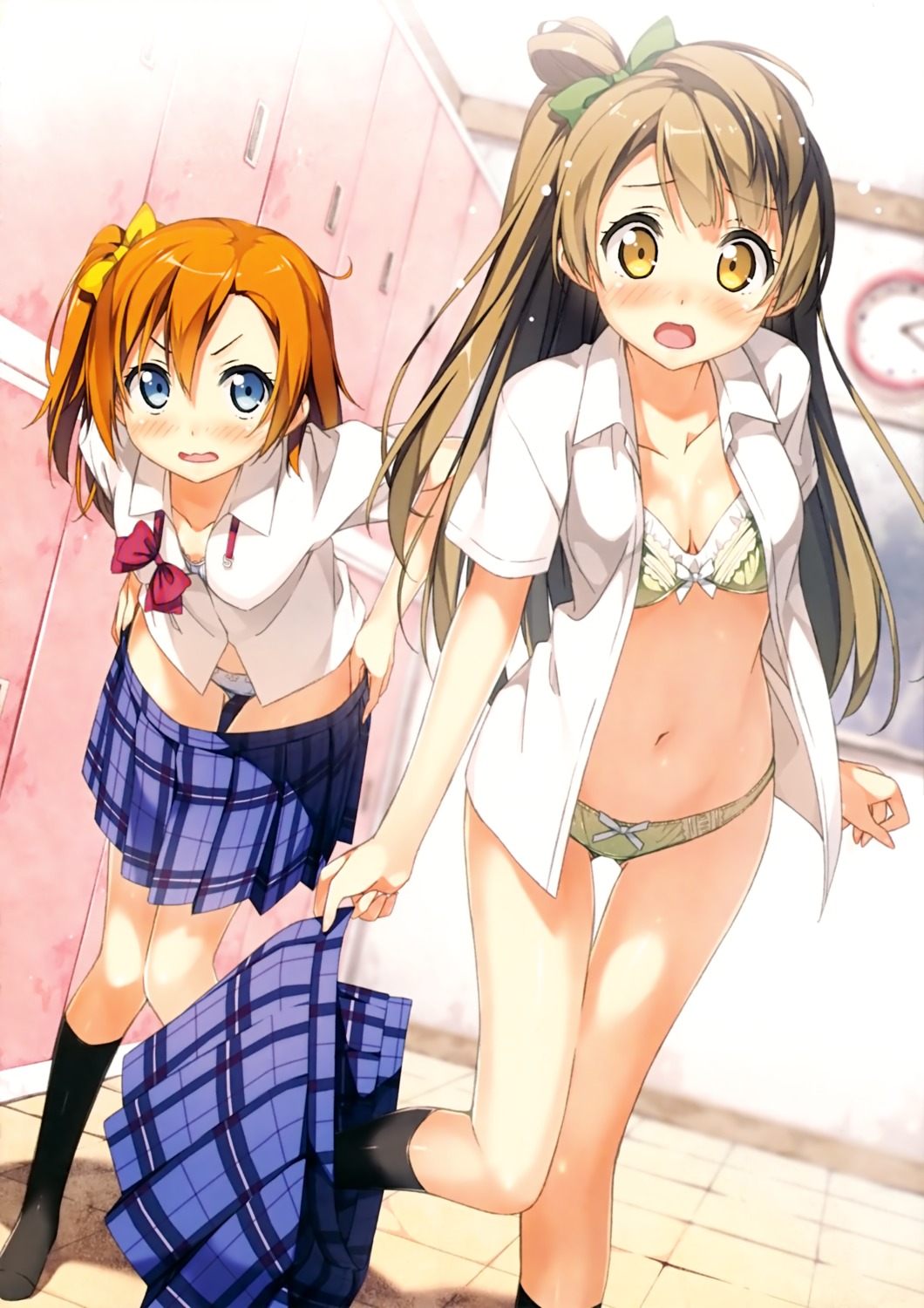 5_nenme_no_houkago bra kantoku kousaka_honoka love_live! minami_kotori open_shirt pantsu seifuku undressing