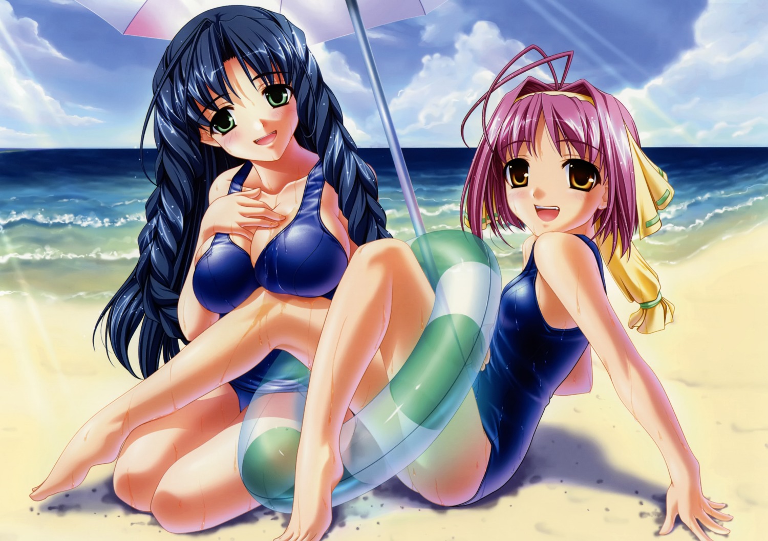 cleavage hiiro_yuki isozaki_mayumi school_swimsuit swimsuits takaya_minami waffle wet yuuguu_settai