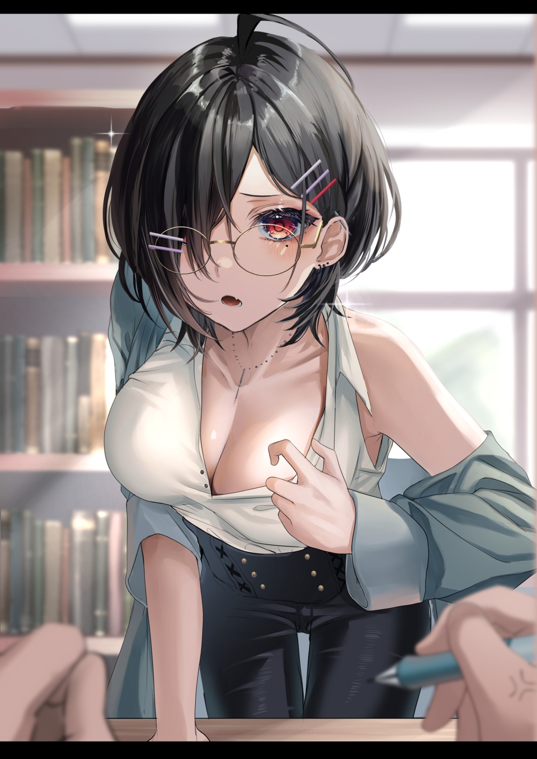 cleavage megane no_bra open_shirt undressing yufou