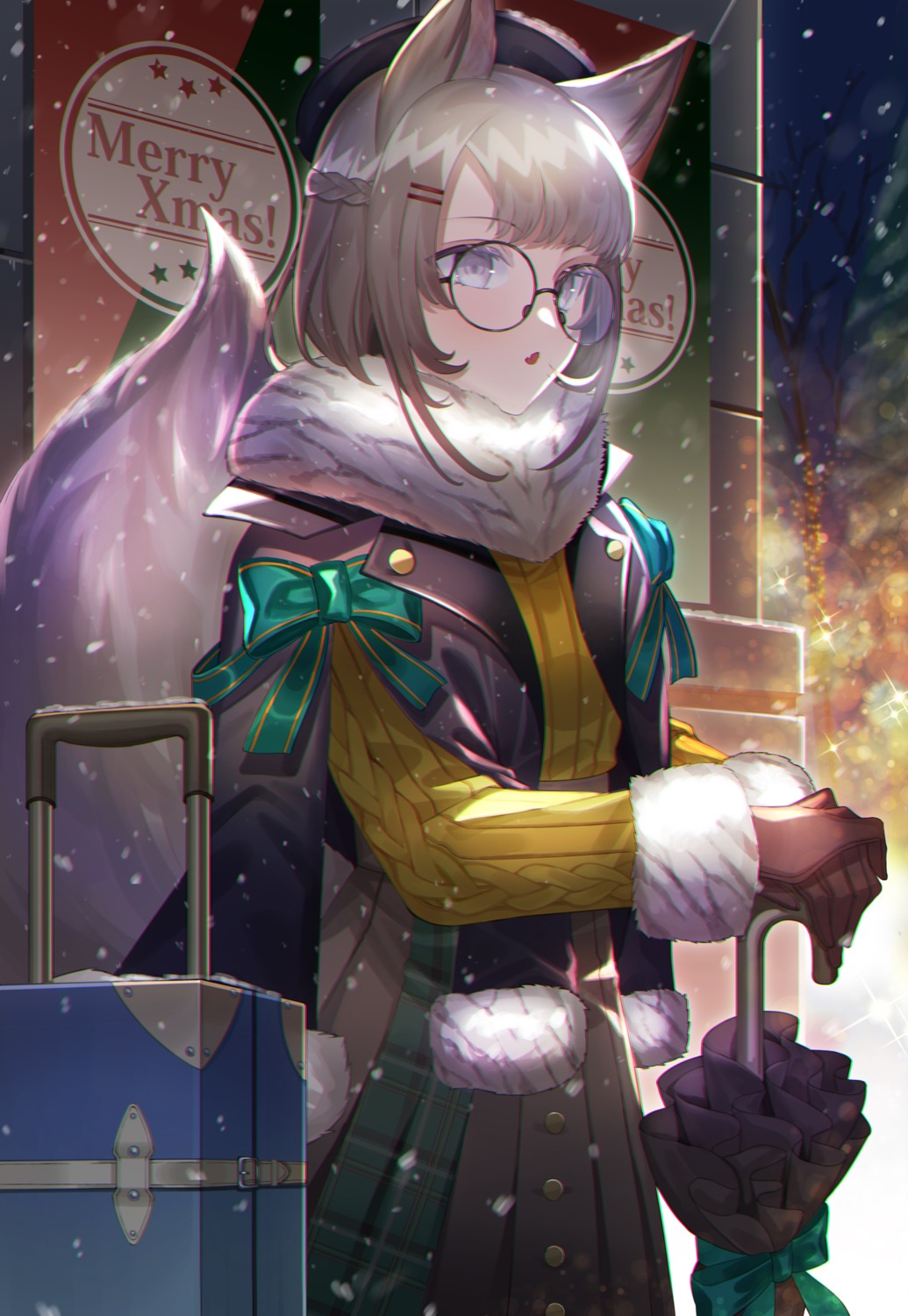 amahara_subaru animal_ears christmas megane sweater tail umbrella