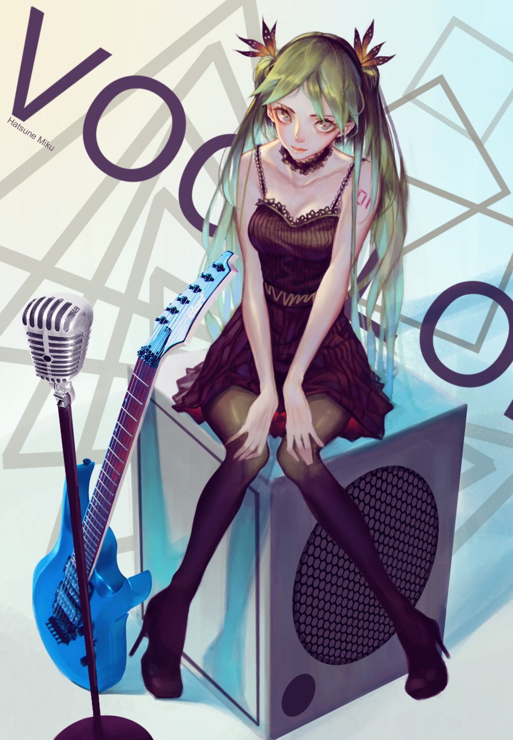 cleavage dress guitar hatsune_miku heels mconch pantyhose tattoo vocaloid