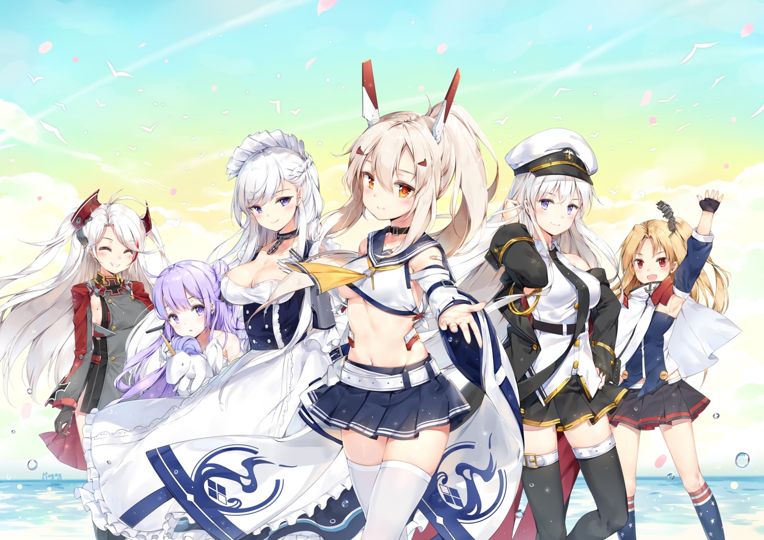 ayanami_(azur_lane) azur_lane belfast_(azur_lane) cleavage cleveland_(azur_lane) dress enterprise_(azur_lane) horns maid maya_g no_bra prinz_eugen_(azur_lane) seifuku shirt_lift summer_dress thighhighs underboob unicorn_(azur_lane) uniform