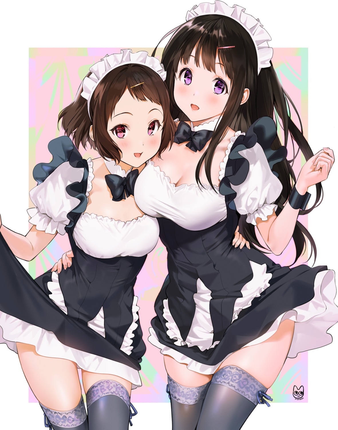 chitanda_eru cleavage hyouka ibara_mayaka maid mery_(yangmalgage) skirt_lift thighhighs