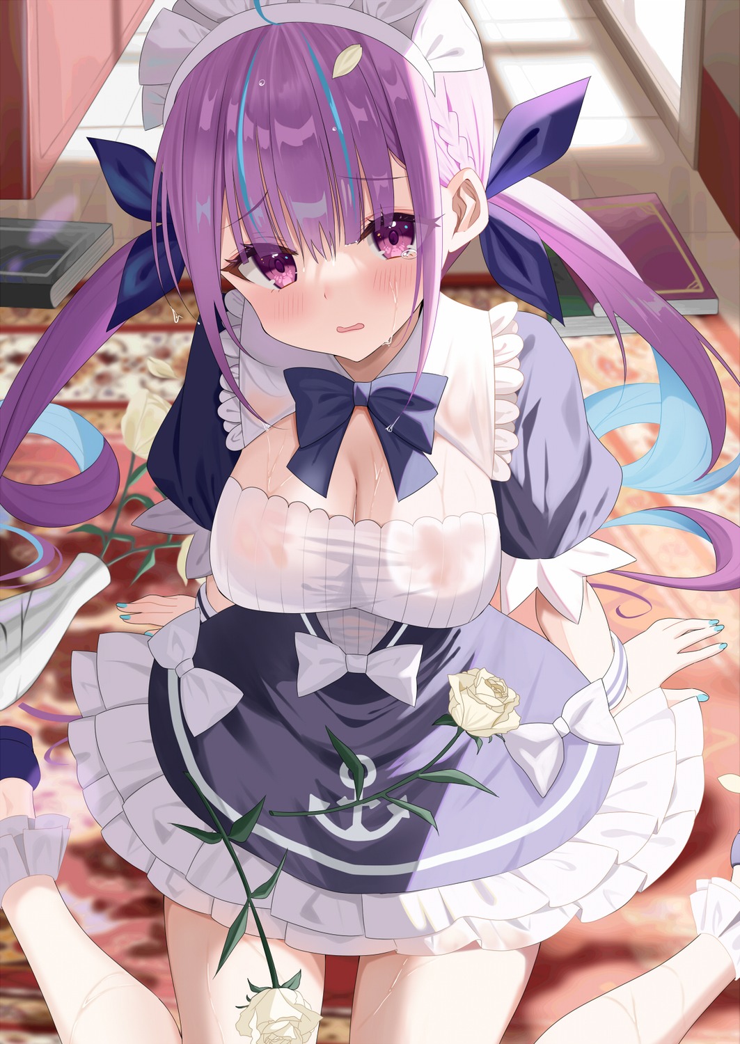 artist_revision hololive maid minato_aqua no_bra piyopoyo see_through wet_clothes