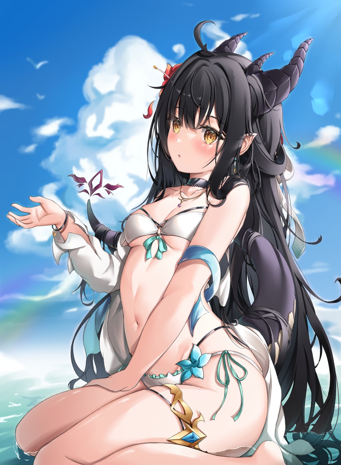 bikini garter horns nekoya_minamo pointy_ears swimsuits tail wet