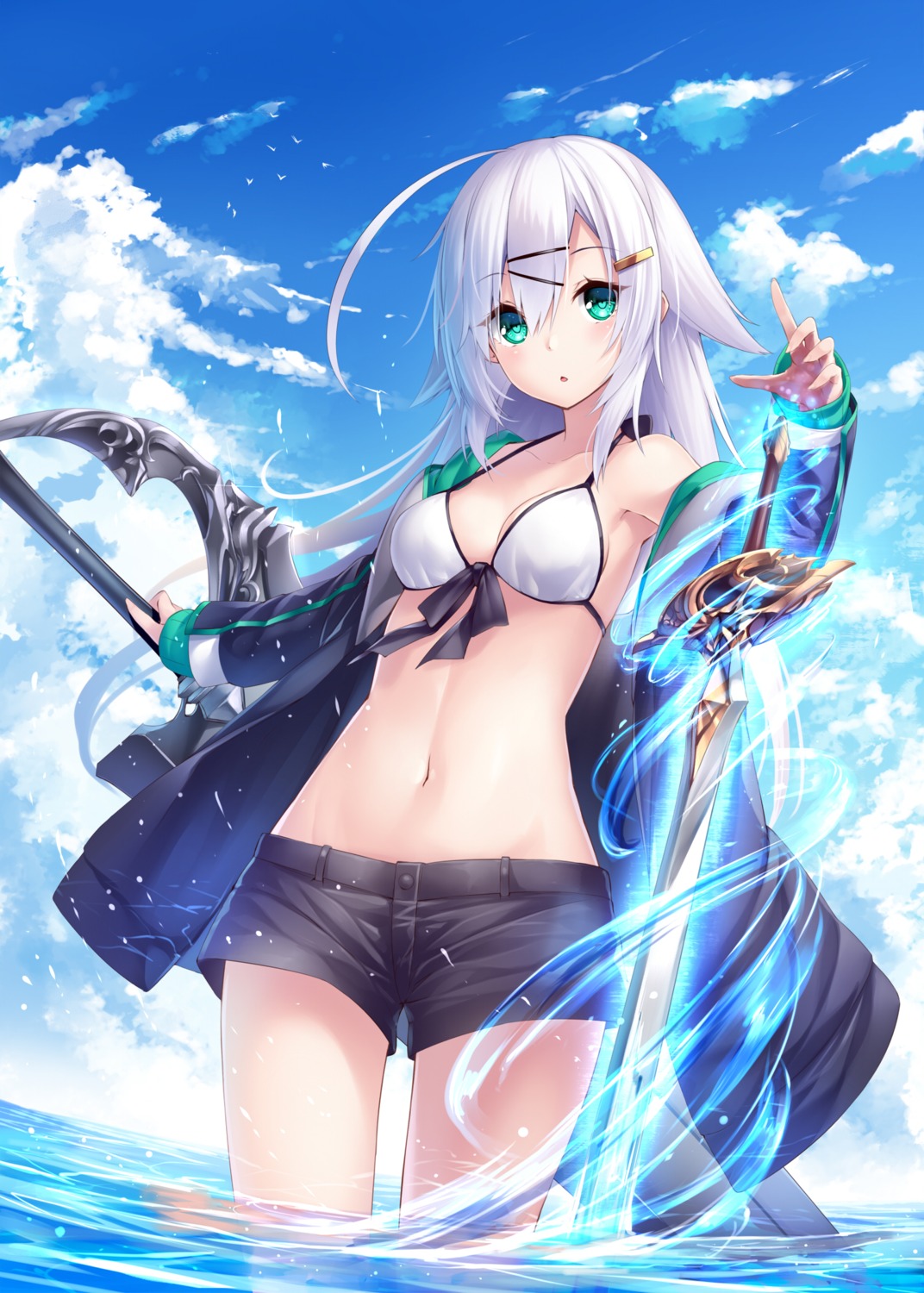 bikini_top chabaneko cleavage open_shirt swimsuits sword wet