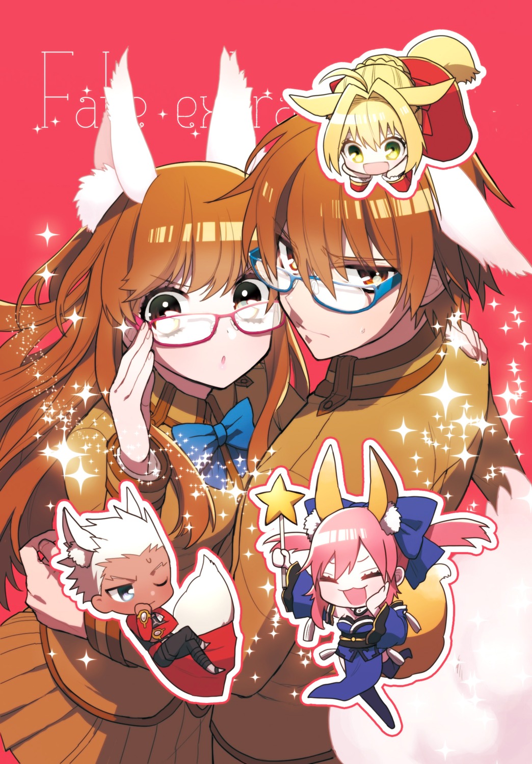 animal_ears archer chibi fate/extra fate/stay_night female_protagonist_(fate/extra) japanese_clothes kishinami_hakuno kitsune male_protagonist_(fate/extra) megane routo saber_extra seifuku tamamo_no_mae thighhighs