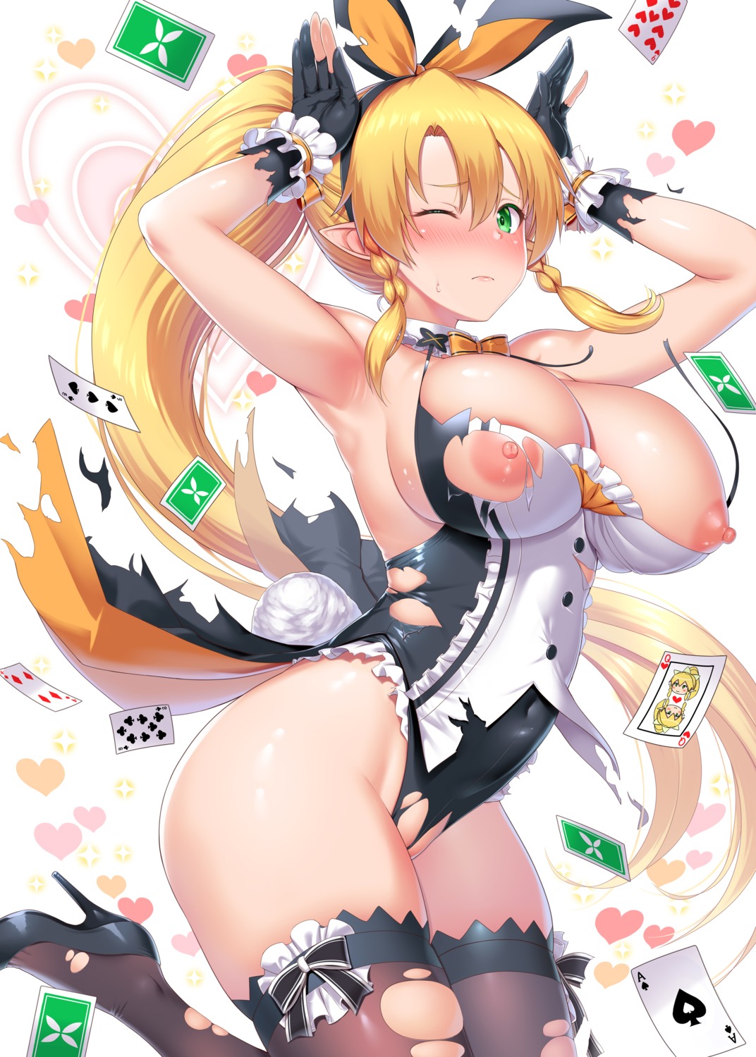 animal_ears breasts bunny_ears bunny_girl heels kawase_seiki leafa nipples no_bra nopan sword_art_online thighhighs torn_clothes