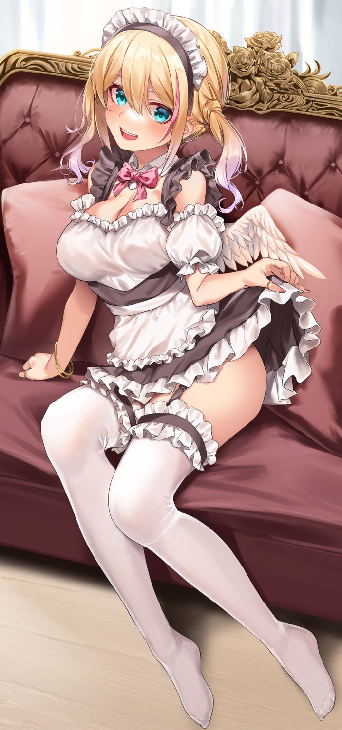 cleavage hachiroku_(hatirokusann86) maid skirt_lift stockings thighhighs wings