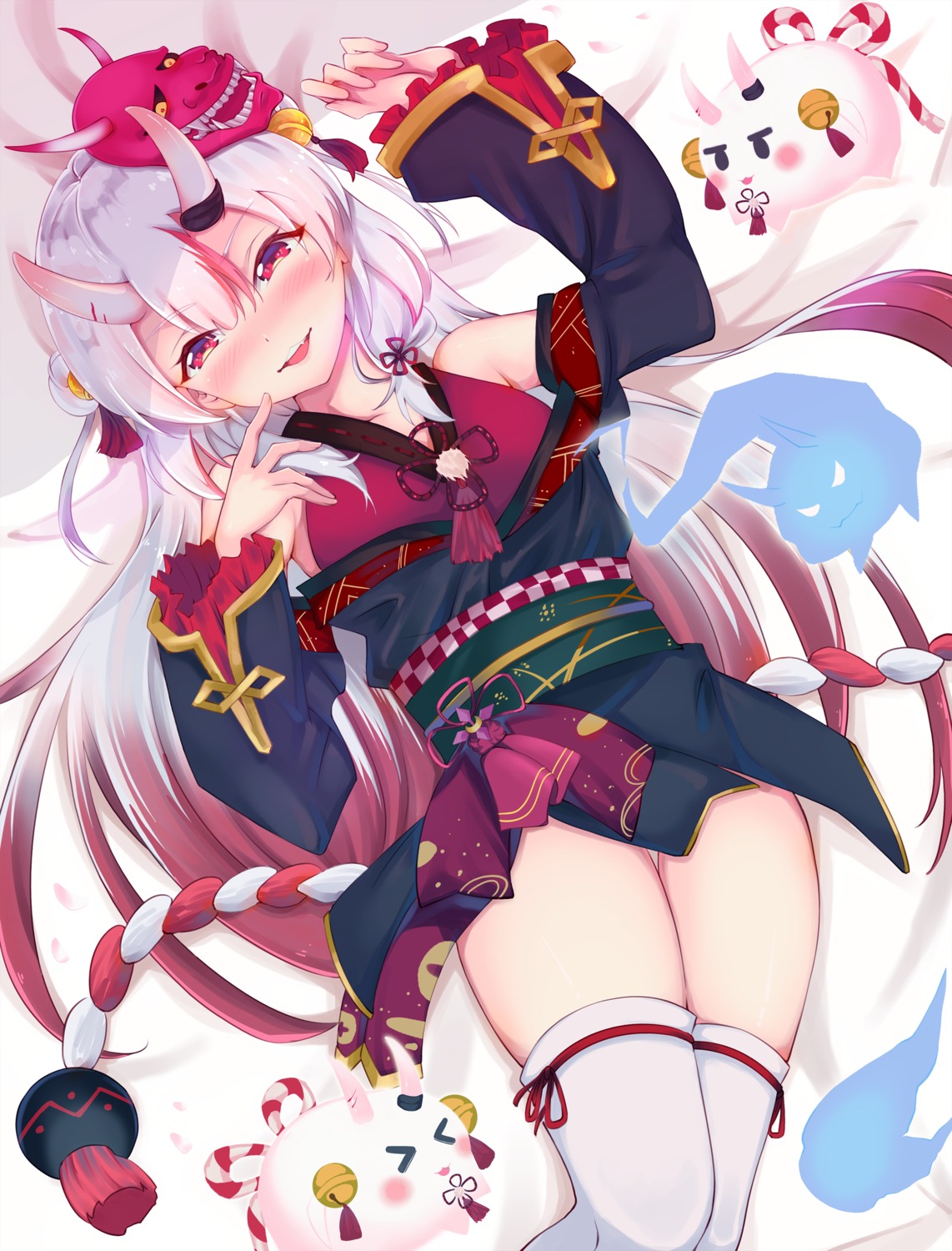 hololive horns japanese_clothes nakiri_ayame paddy_san thighhighs