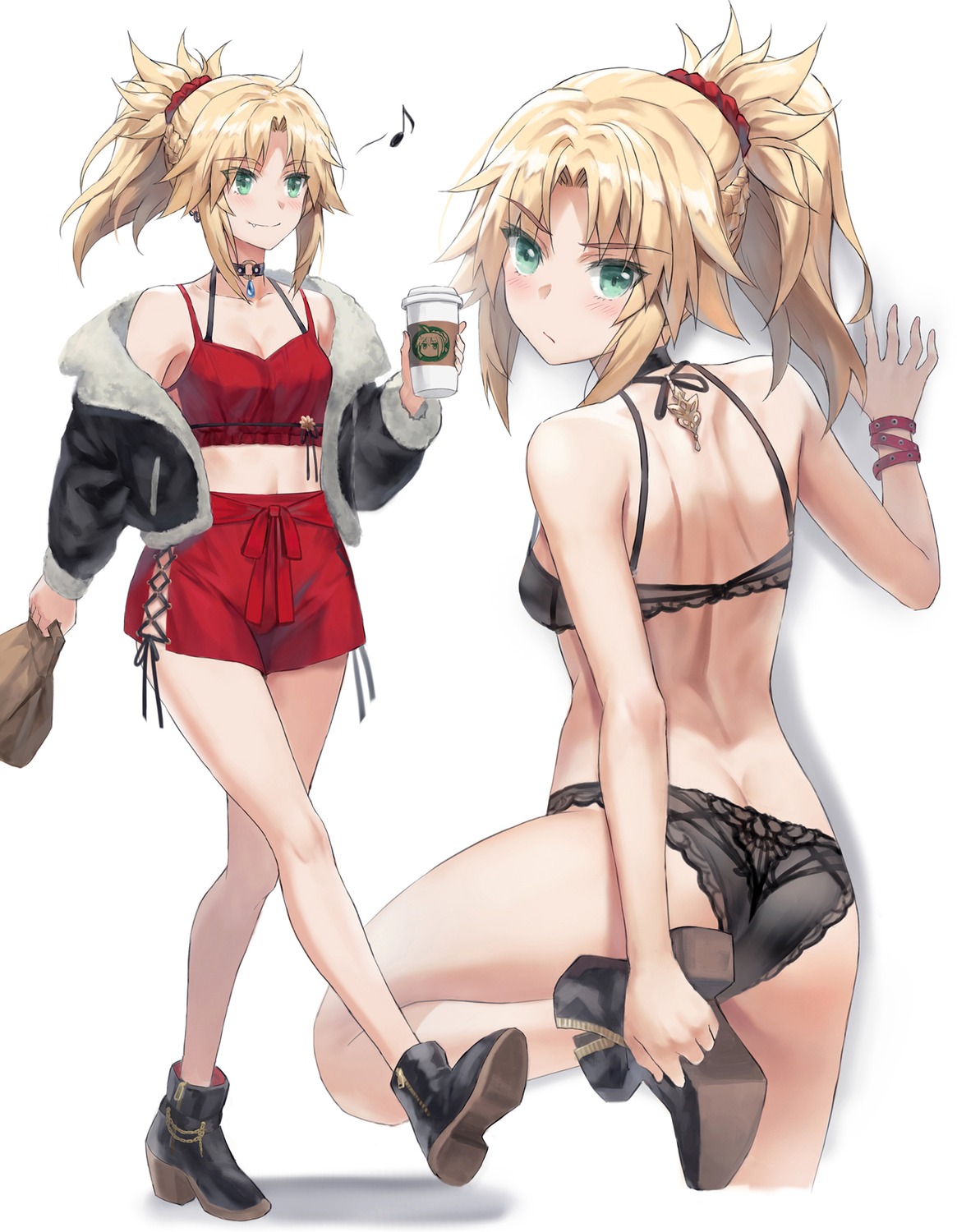 ass bra cleavage fate/apocrypha fate/stay_night heels mordred_(fate) open_shirt pantsu tonee undressing