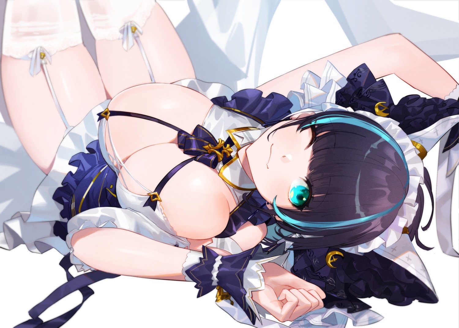 azur_lane cheshire_(azur_lane) maid nima_(niru54) no_bra skirt_lift stockings thighhighs