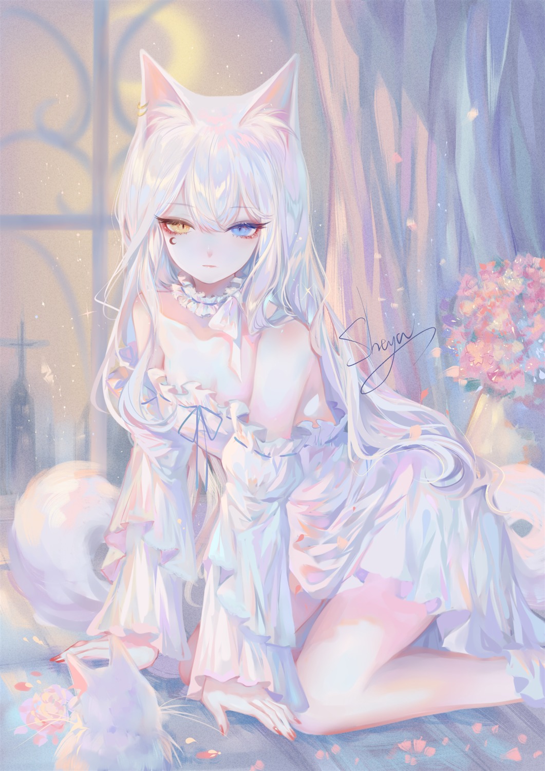 animal_ears dress heterochromia nekomimi no_bra sheya