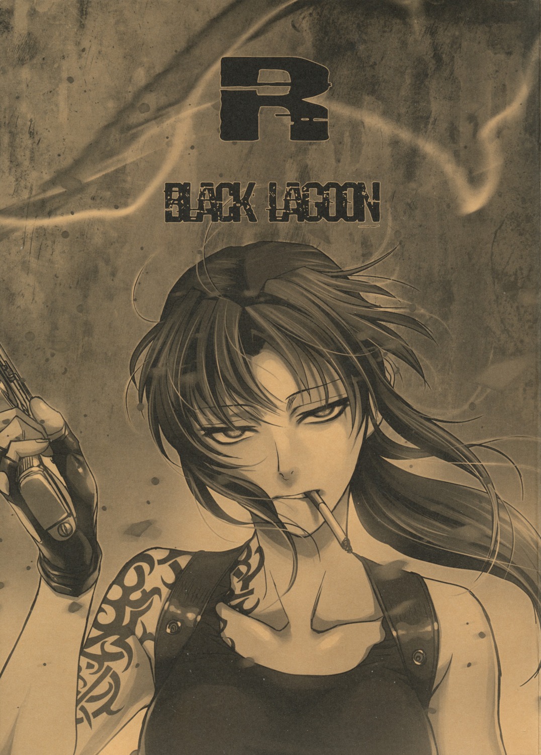 black_lagoon gun hiroe_rei monochrome revy smoking tattoo tex-mex