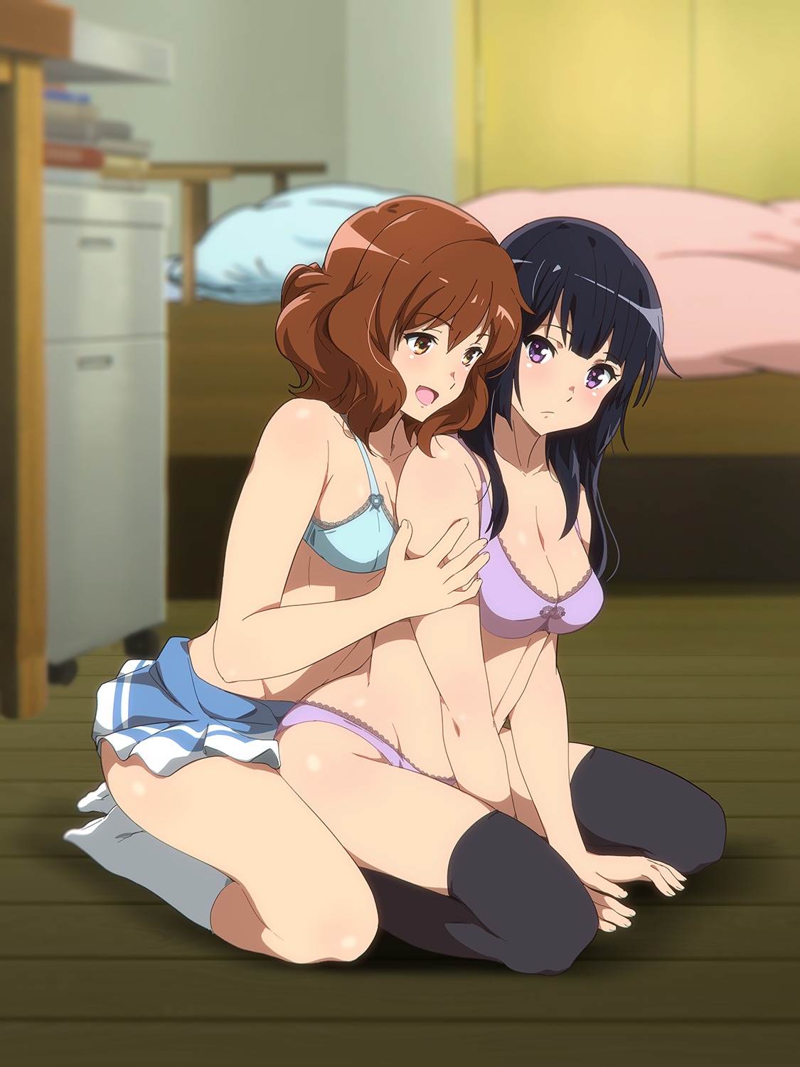 bra cleavage hibike!_euphonium kousaka_reina lingerie oumae_kumiko pantsu sbel02 seifuku skirt_lift thighhighs yuri