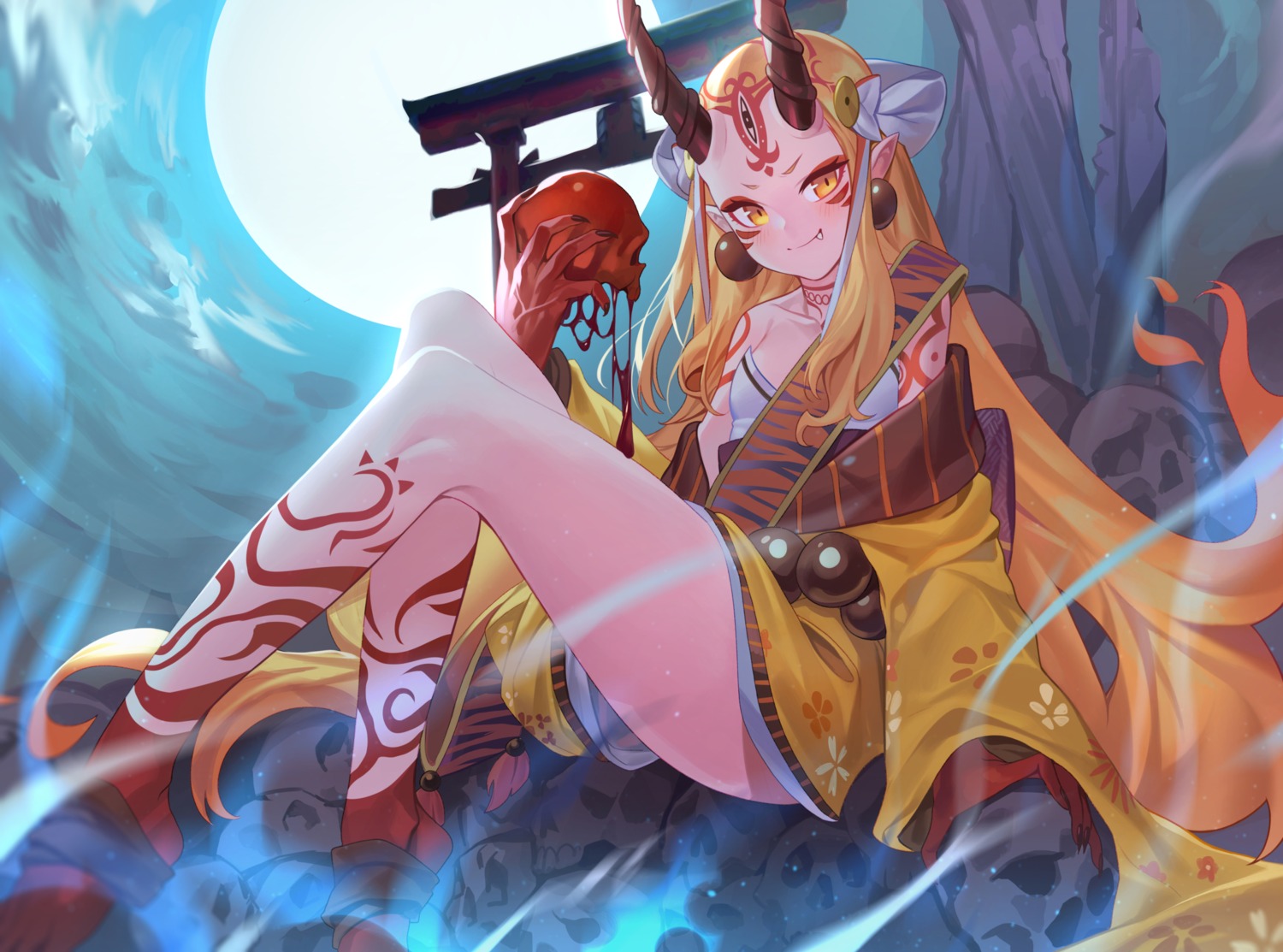 fate/grand_order horns ibaraki_douji_(fate/grand_order) japanese_clothes pointy_ears sb_lama skirt_lift tattoo