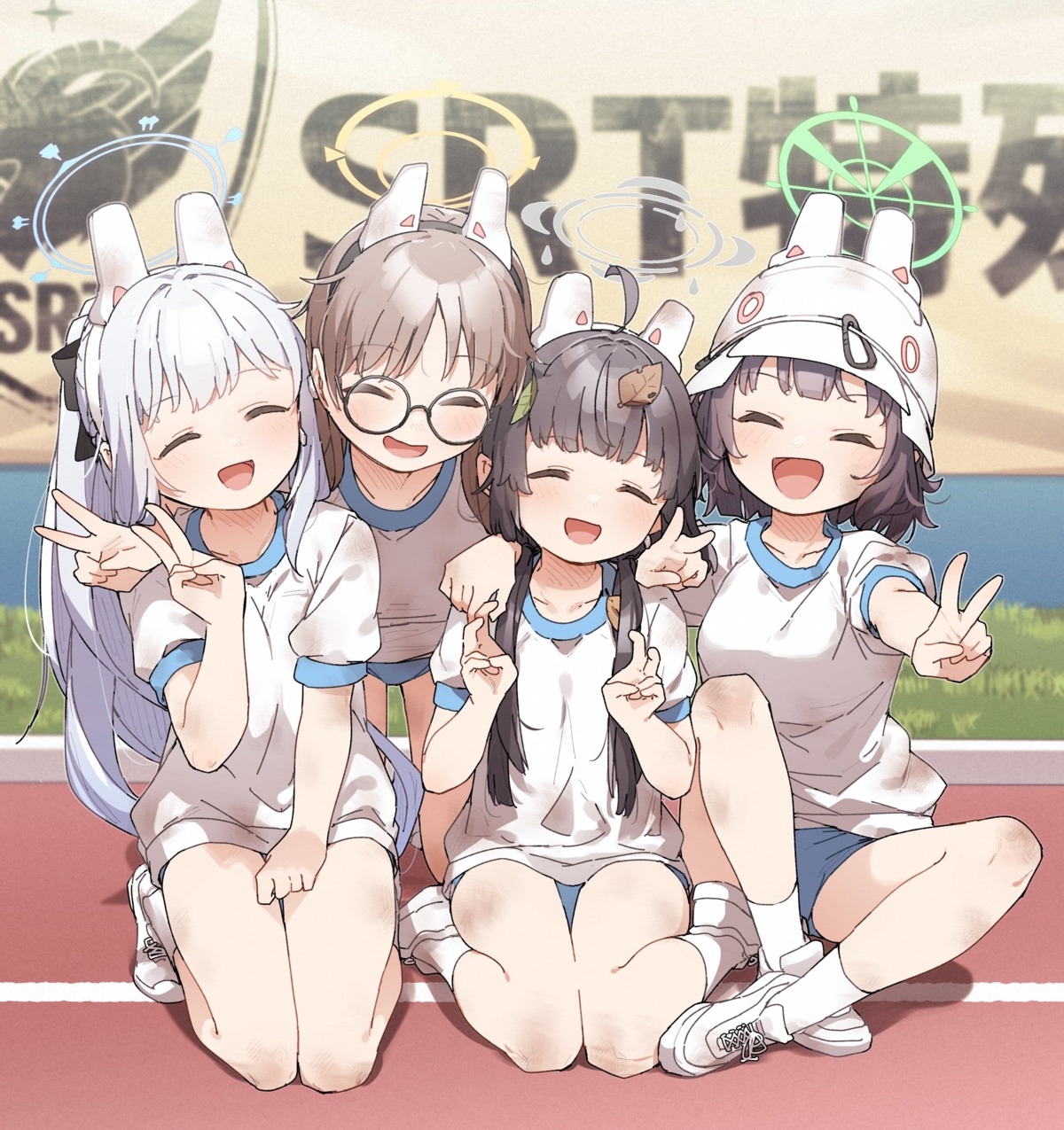 animal_ears blue_archive bunny_ears buruma gym_uniform halo kasumizawa_miyu kazekura_moe kusaka_shi megane sorai_saki tsukiyuki_miyako