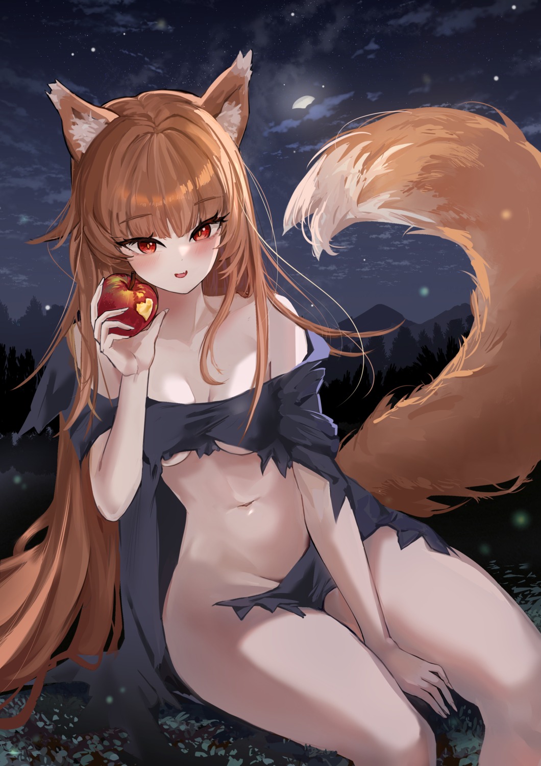 animal_ears delfin59 holo no_bra nopan spice_and_wolf tail torn_clothes