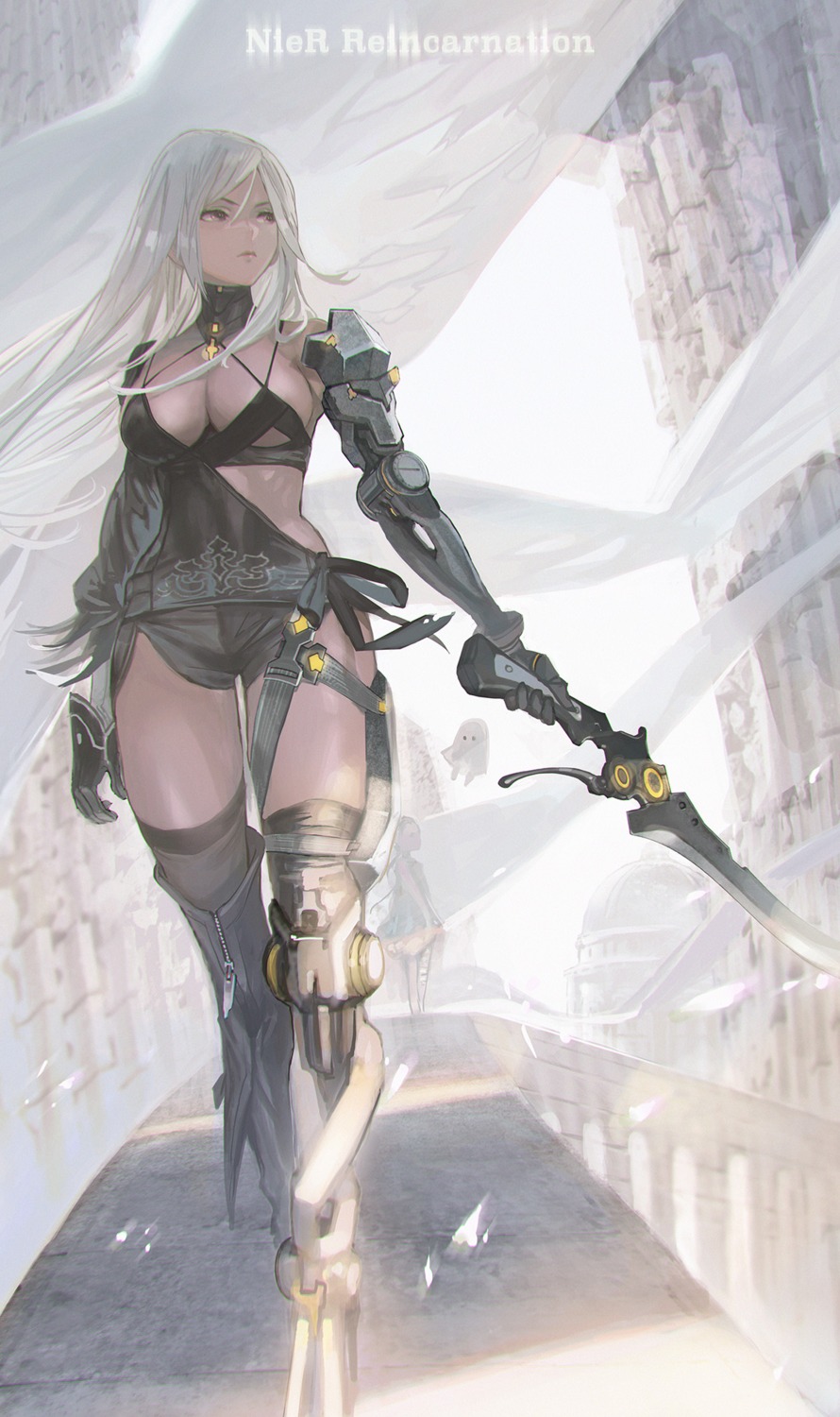 frenlyse garter landscape maeshima_shigeki mecha_musume nier nier_reincarnation no_bra sword thighhighs weapon