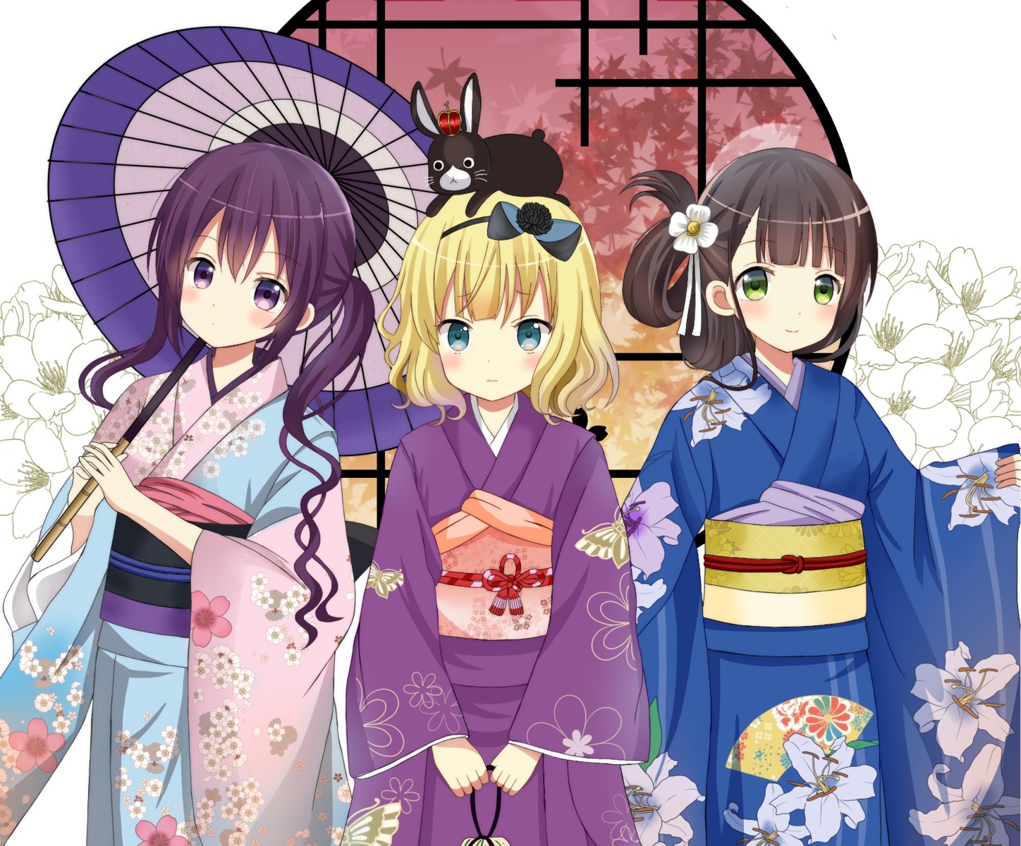 anko_(gochiusa) gochuumon_wa_usagi_desu_ka? kimono kirima_sharo ryoutan tedeza_rize ujimatsu_chiya umbrella