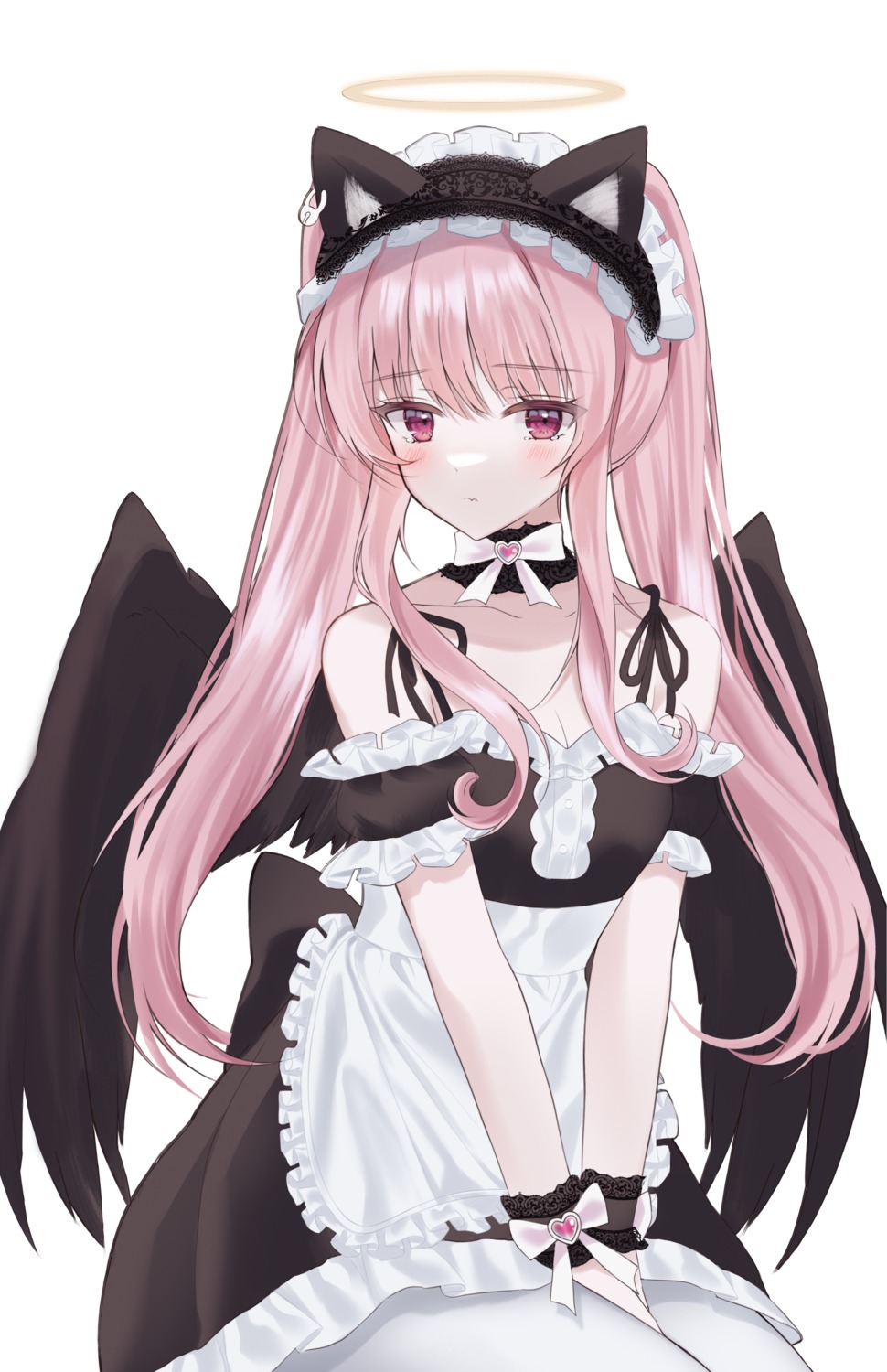 angel animal_ears cleavage maid nekomimi no_bra pantyhose skirt_lift wings yagen_(user_mxur3238)