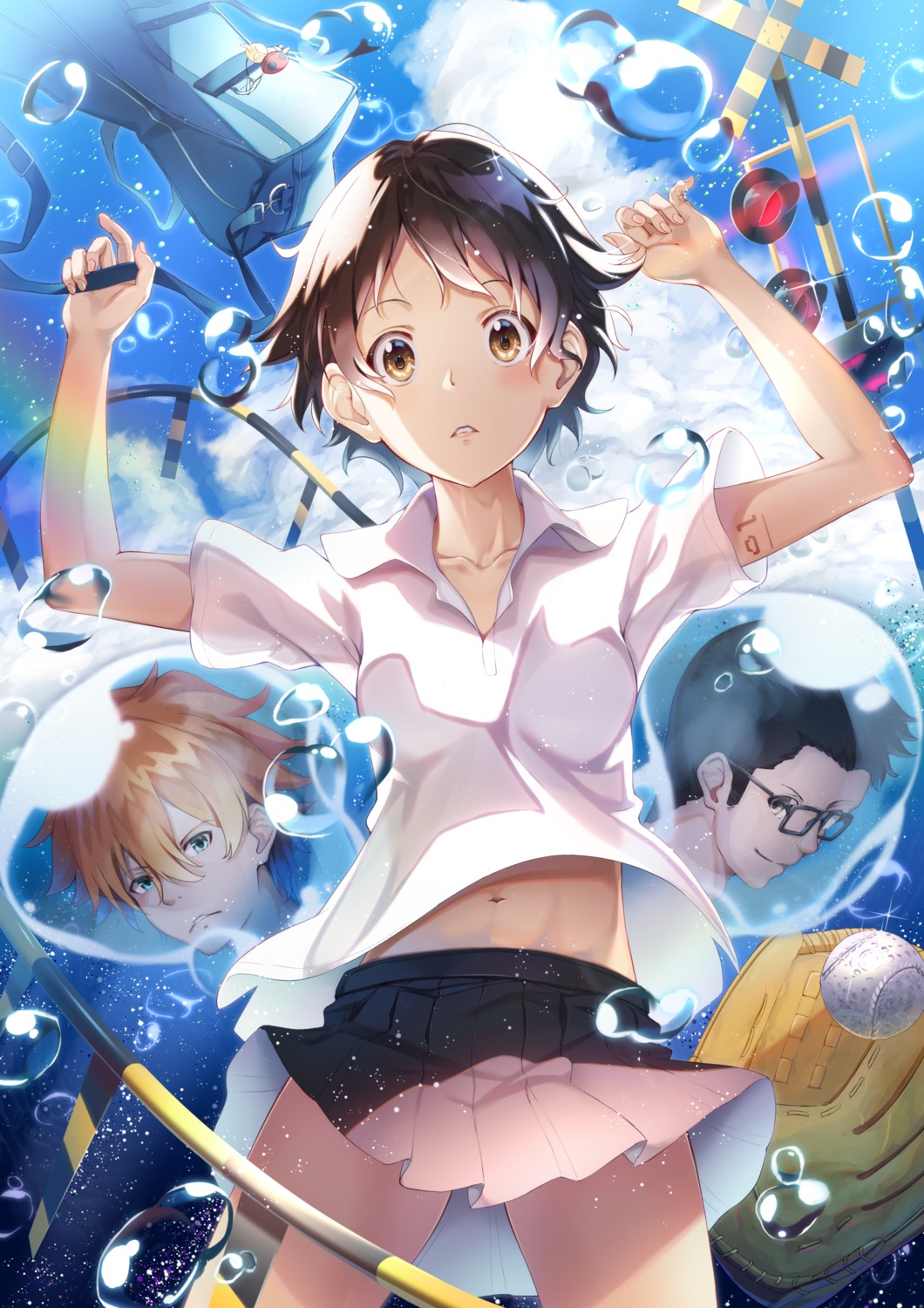 baseball konno_makoto megane see_through seifuku skirt_lift tagme tattoo toki_wo_kakeru_shoujo wet